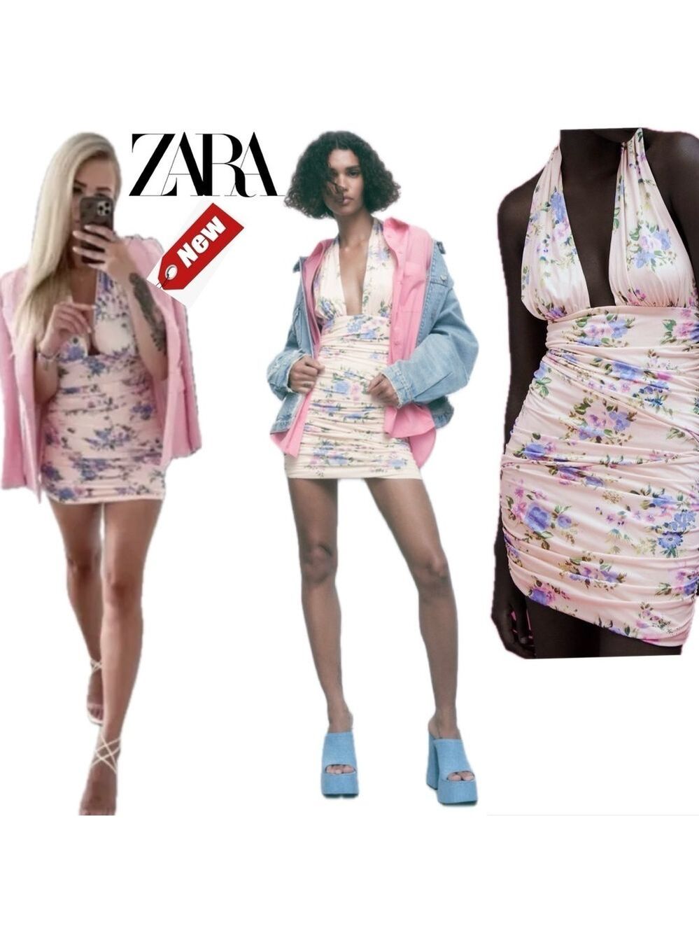 Zara pastel pink floral flower ruched halter top bodycon mini dress Sz M NWT